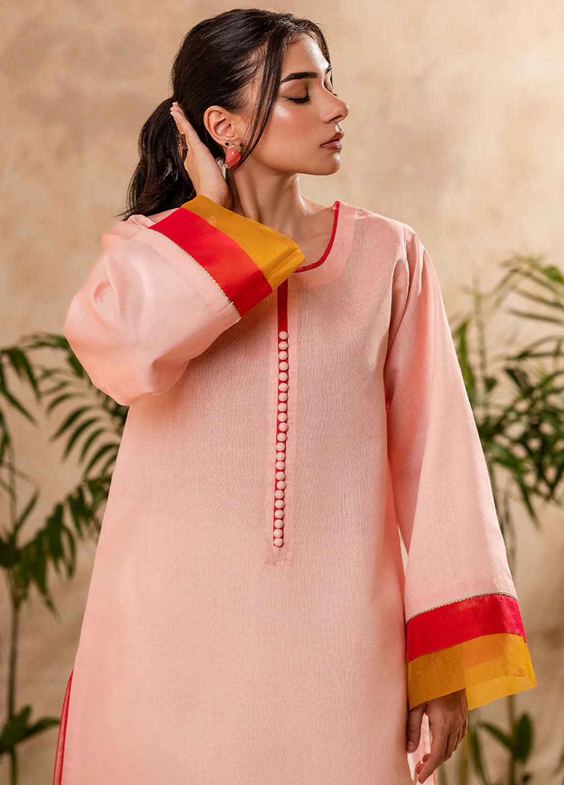 Fozia Khalid Pret Embroidered Cotton Kurti Blush Pink Tunic