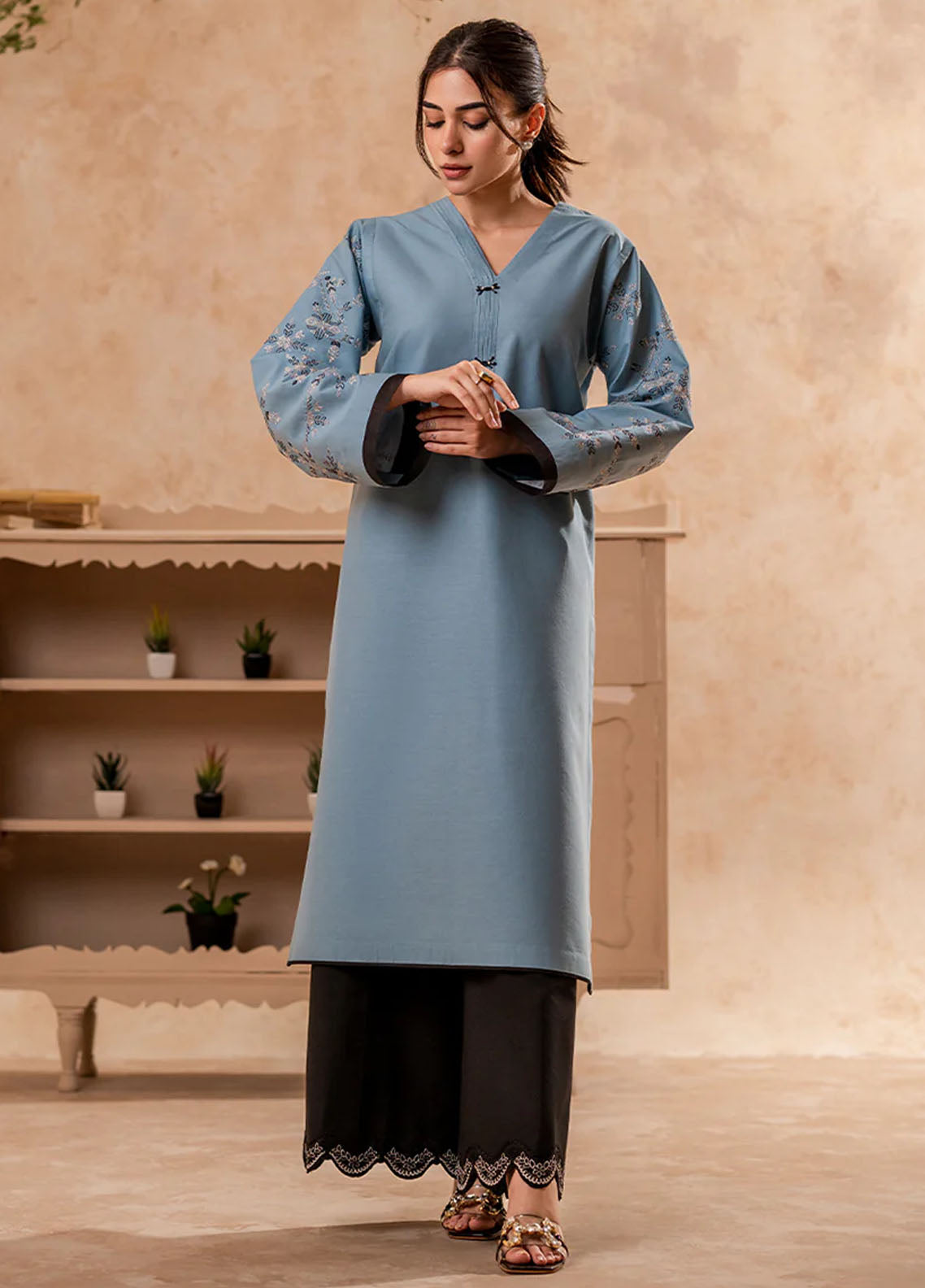 Fozia Khalid Pret Embroidered Cotton Kurti Cerulean Blue Tunic