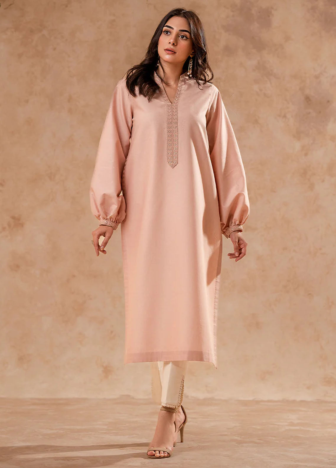 Fozia Khalid Pret Embroidered Cotton Kurti Dusky Pink Tunic