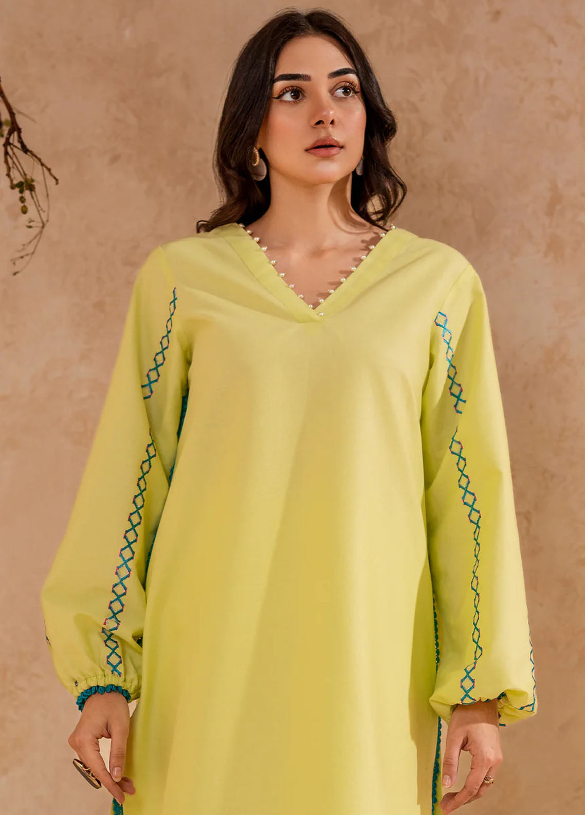 Fozia Khalid Pret Embroidered Cotton Kurti Lime Green Tunic