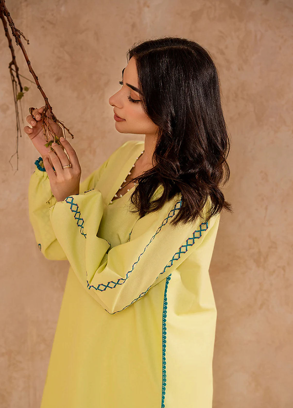 Fozia Khalid Pret Embroidered Cotton Kurti Lime Green Tunic