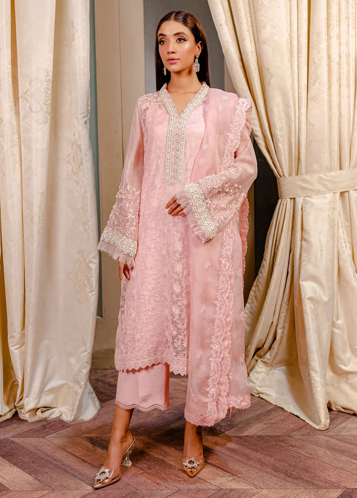 Fozia Khalid Pret Embroidered Organza 3 Piece Suit Crepe Rose