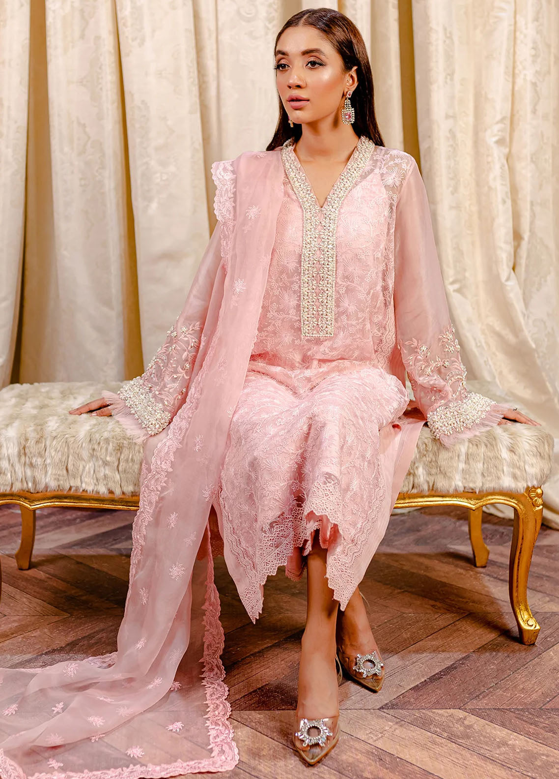 Fozia Khalid Pret Embroidered Organza 3 Piece Suit Crepe Rose