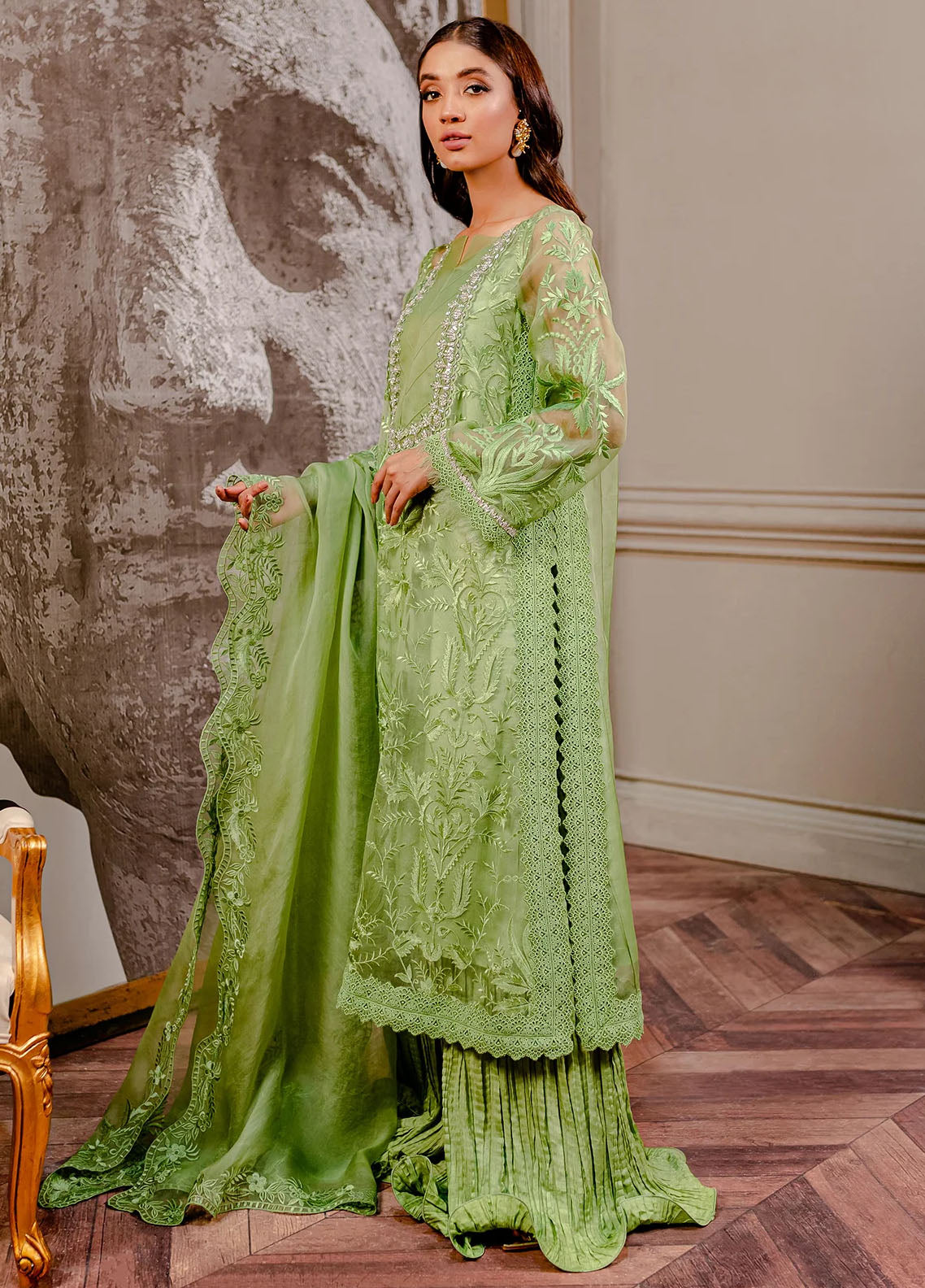 Fozia Khalid Pret Embroidered Organza 3 Piece Suit Pear Green