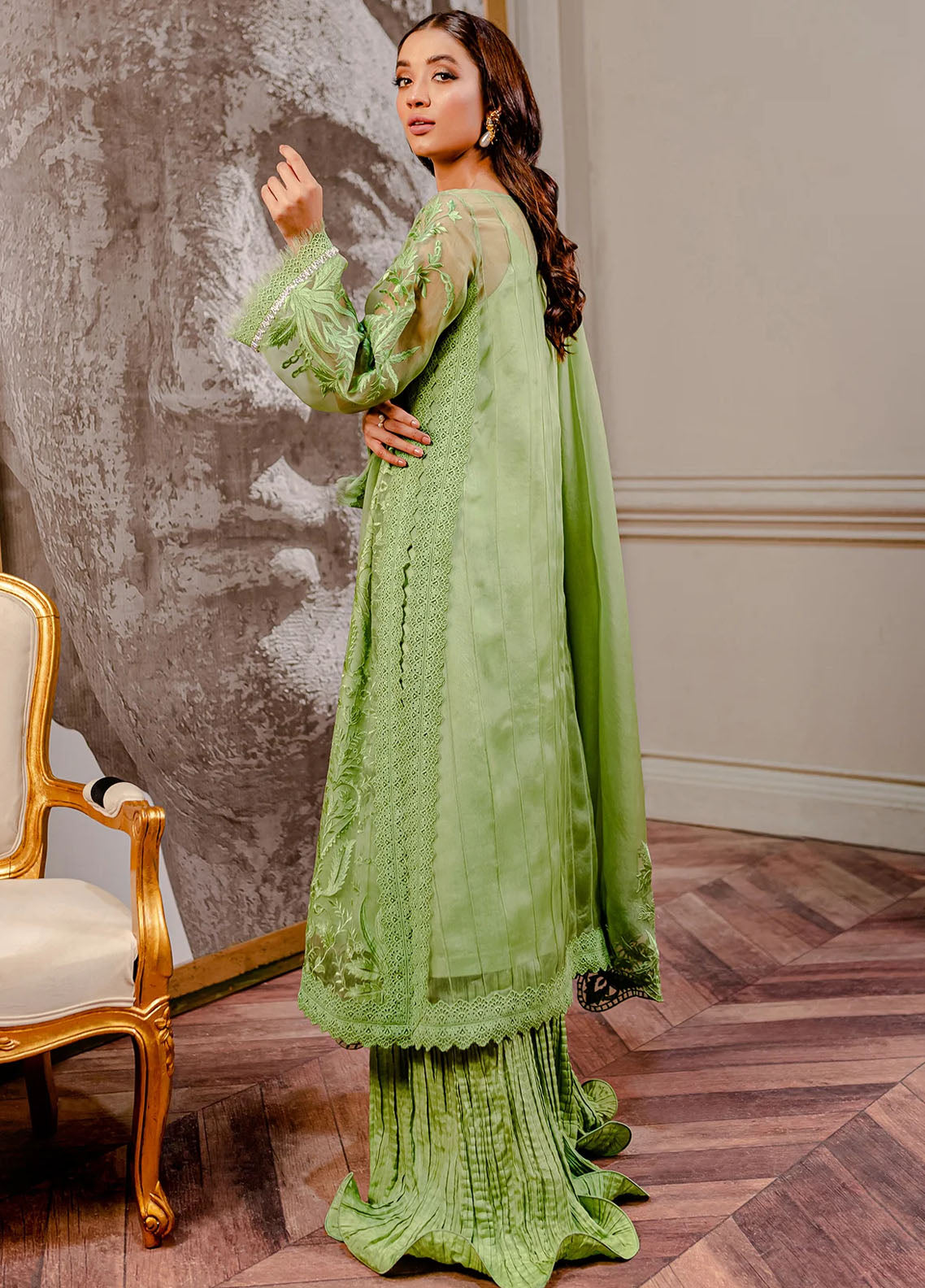 Fozia Khalid Pret Embroidered Organza 3 Piece Suit Pear Green