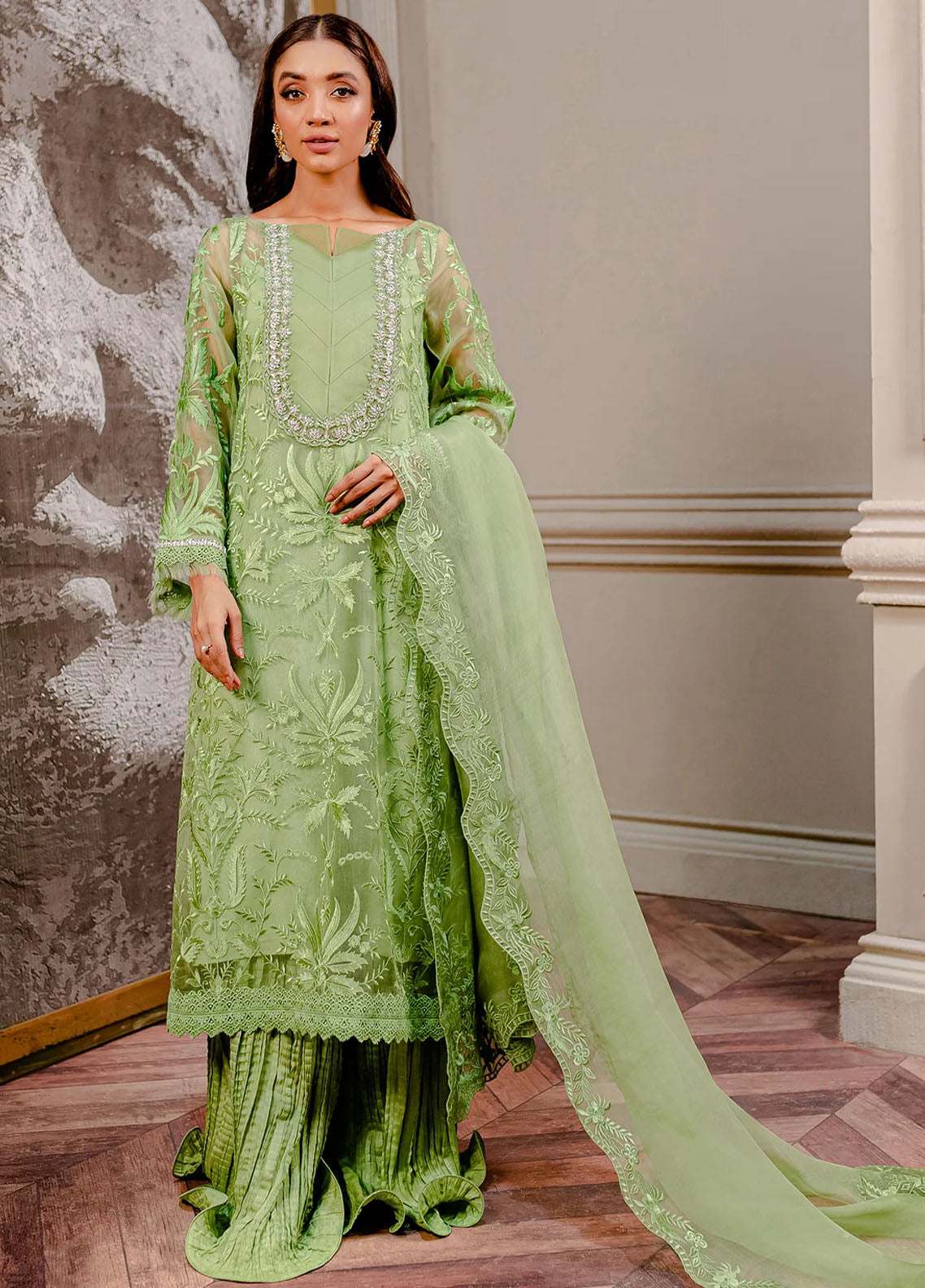 Fozia Khalid Pret Embroidered Organza 3 Piece Suit Pear Green