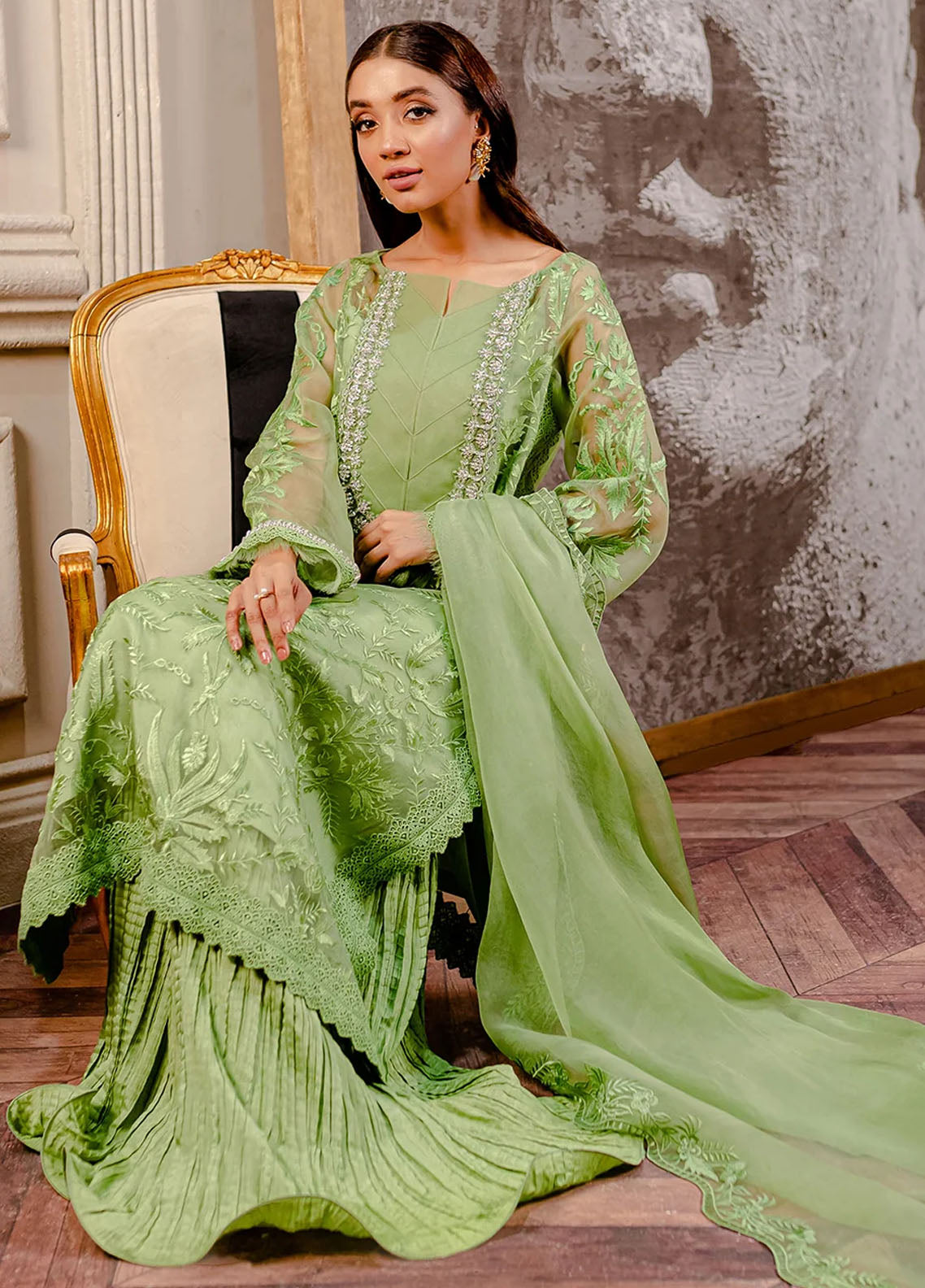 Fozia Khalid Pret Embroidered Organza 3 Piece Suit Pear Green