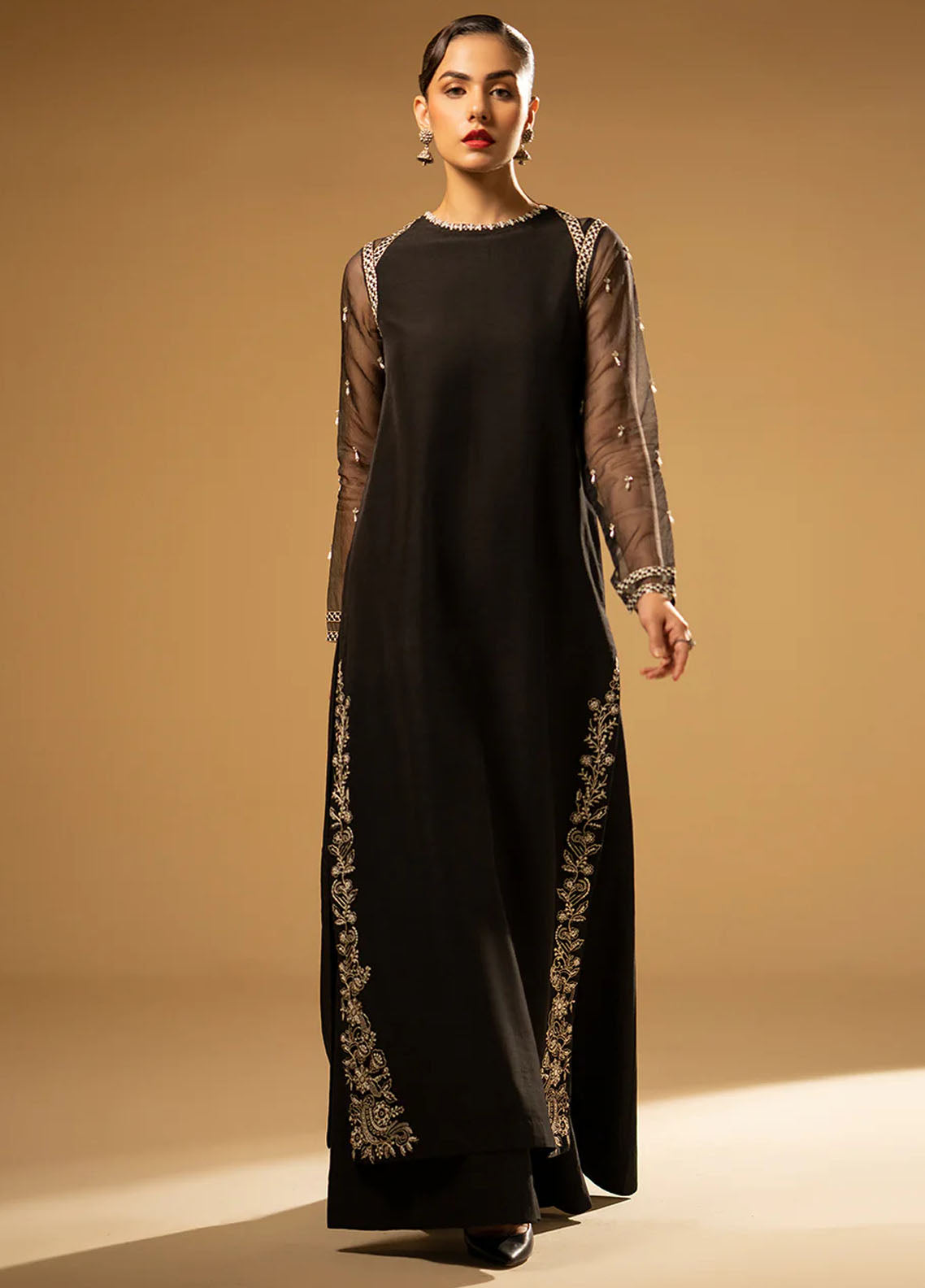 Fozia Khalid Pret Embroidered Raw Silk 3 Piece Suit Black Swan