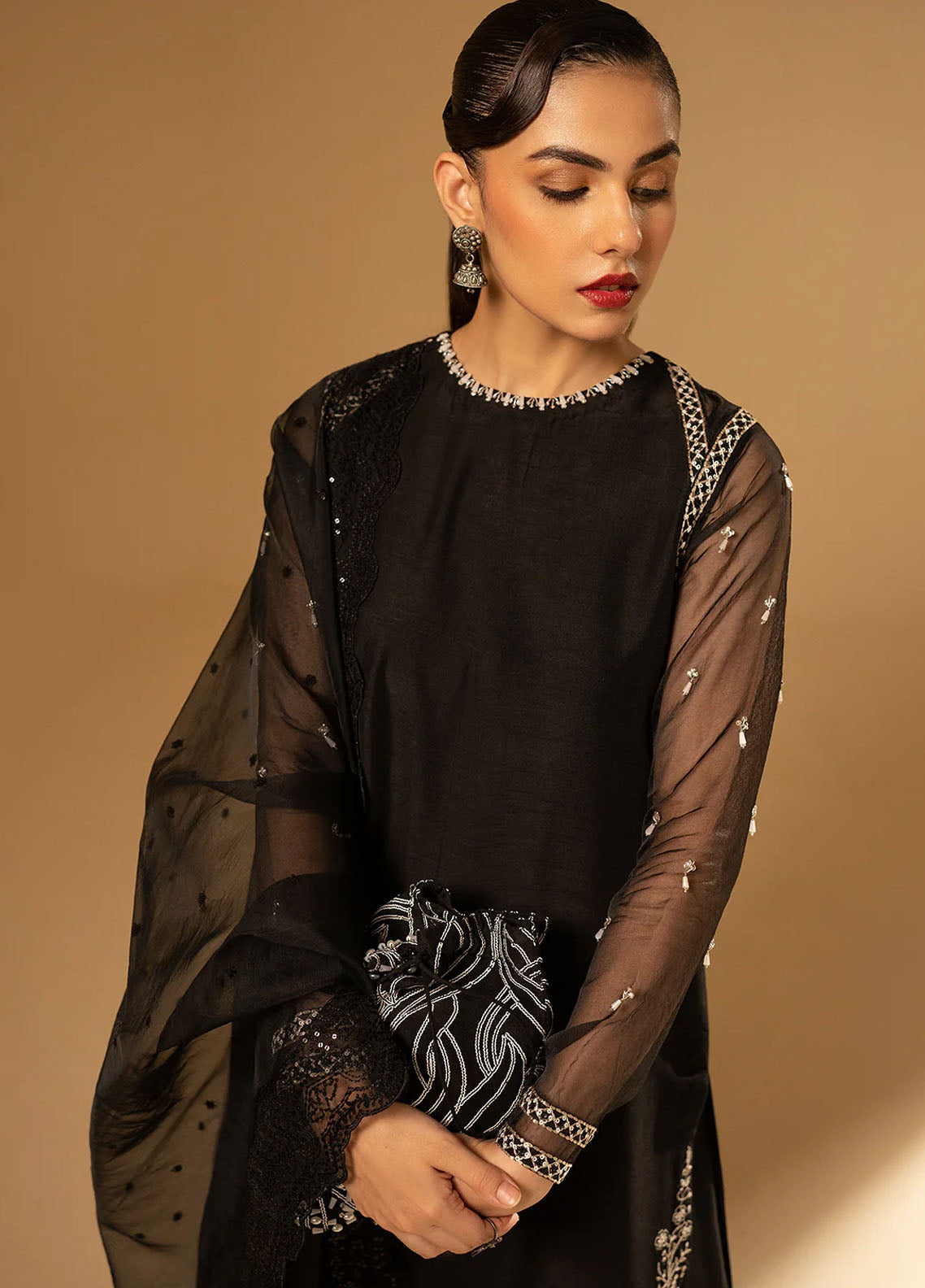 Fozia Khalid Pret Embroidered Raw Silk 3 Piece Suit Black Swan