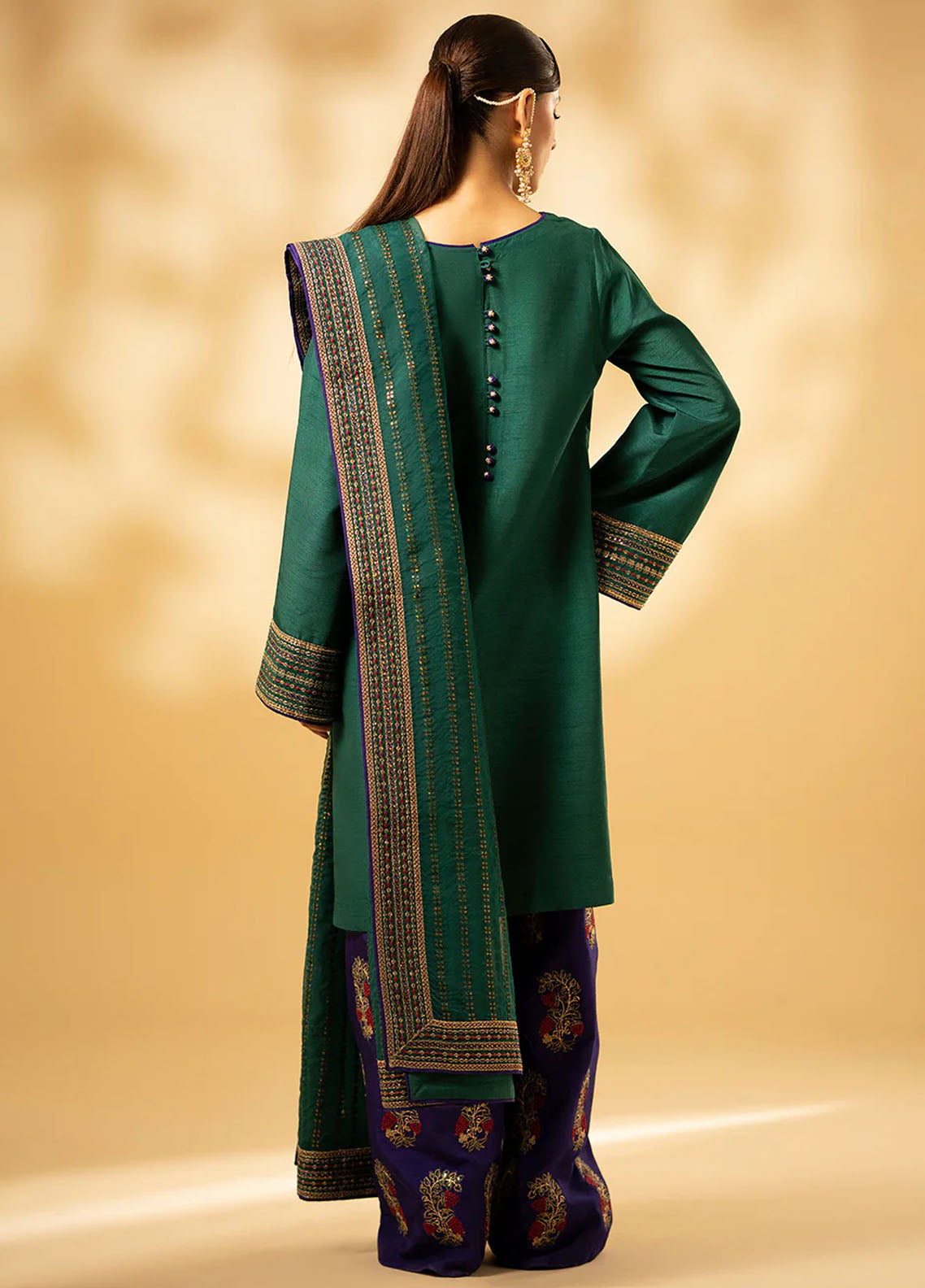 Fozia Khalid Pret Embroidered Raw Silk 3 Piece Suit Emerald Craftsmanship