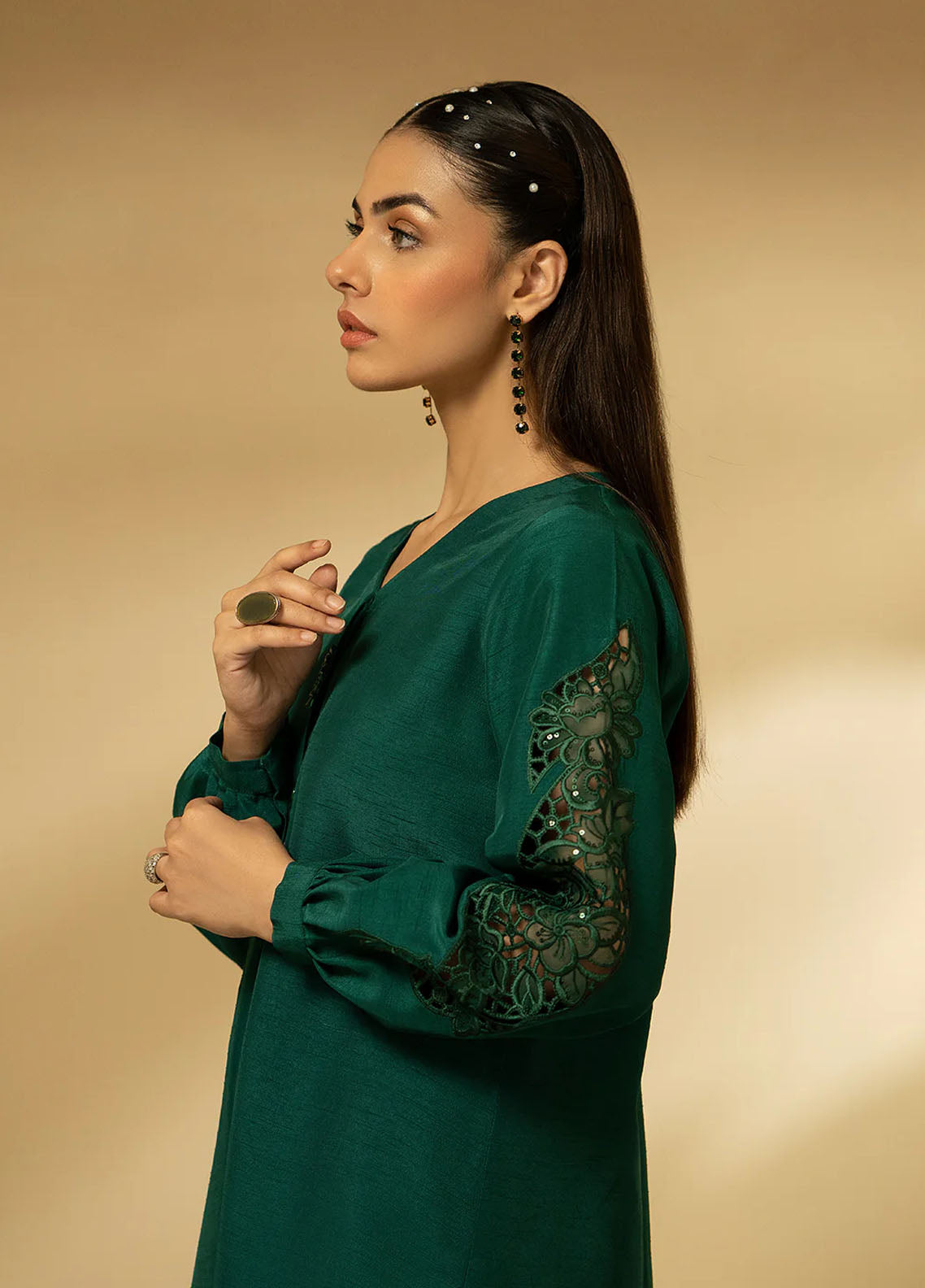 Fozia Khalid Pret Embroidered Raw Silk 3 Piece Suit Emerald Symphony