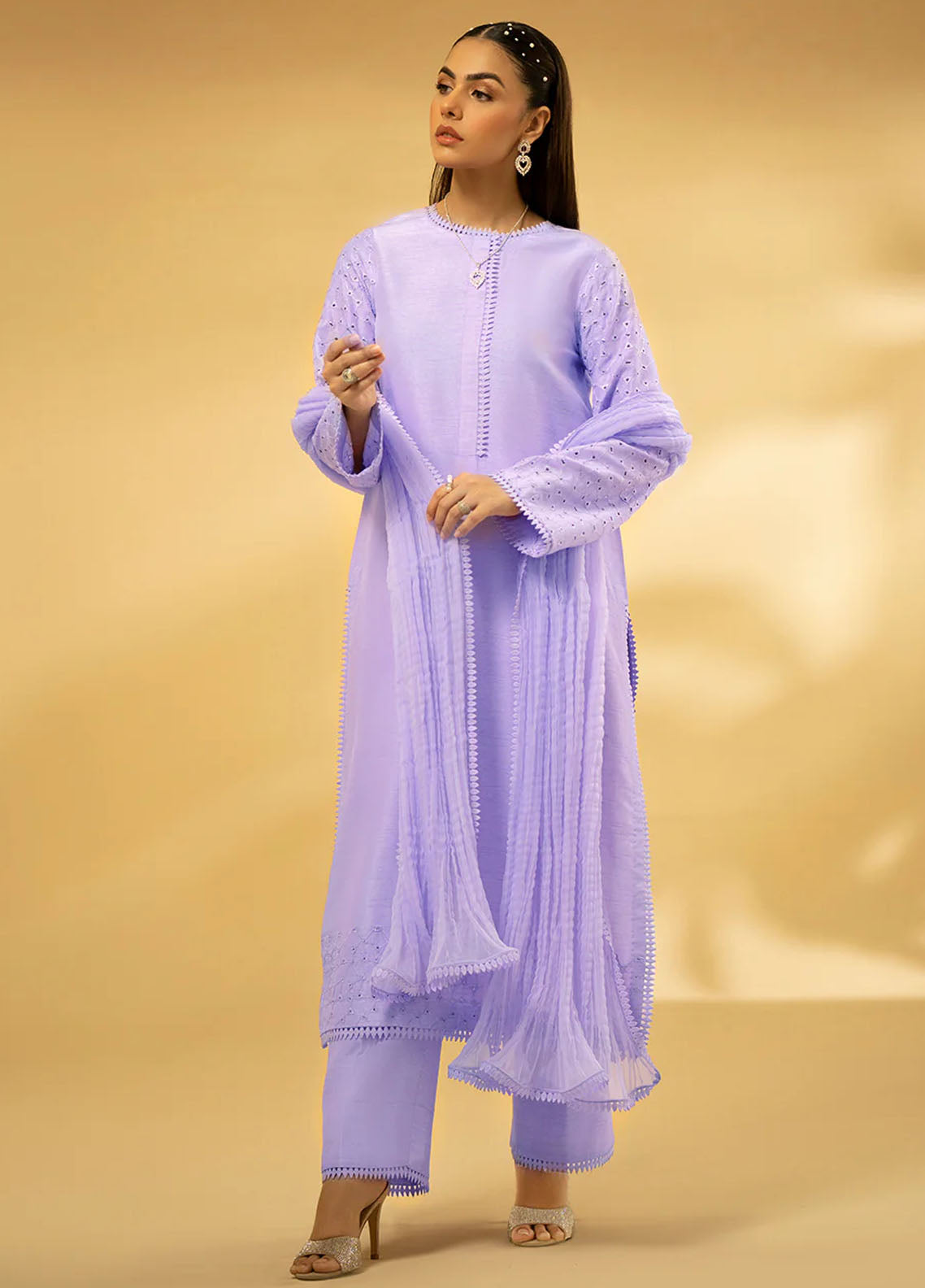Fozia Khalid Pret Embroidered Raw Silk 3 Piece Suit Lilac Dreamscape