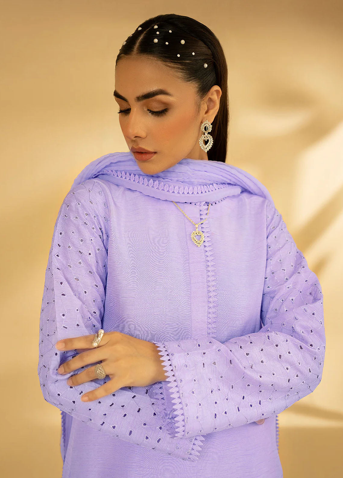 Fozia Khalid Pret Embroidered Raw Silk 3 Piece Suit Lilac Dreamscape