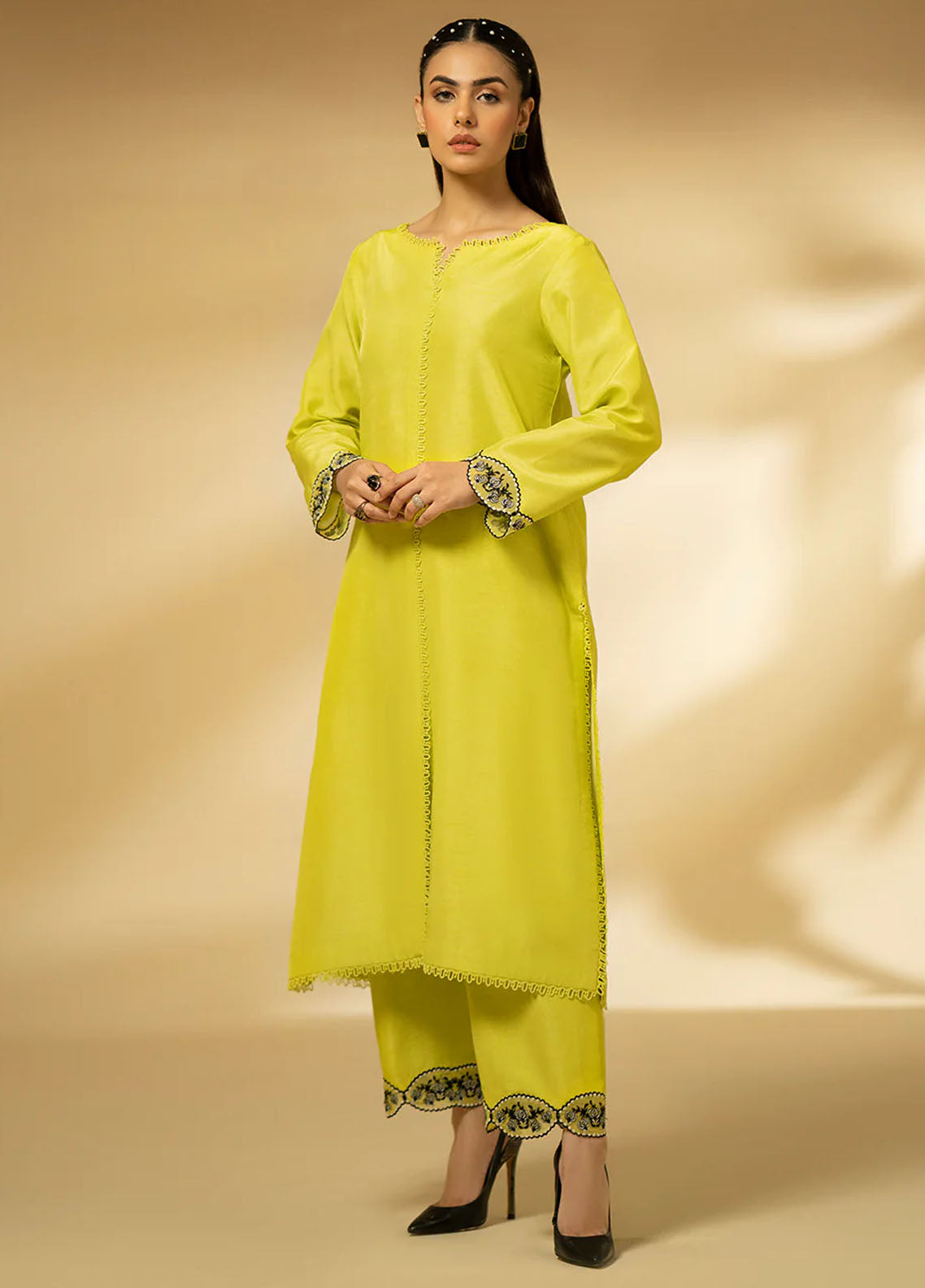 Fozia Khalid Pret Embroidered Raw Silk 3 Piece Suit Lime Zest