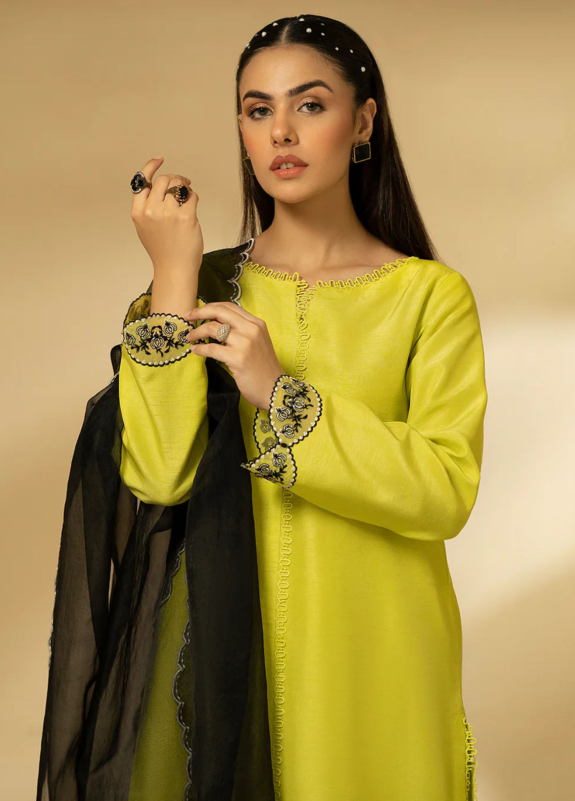 Fozia Khalid Pret Embroidered Raw Silk 3 Piece Suit Lime Zest