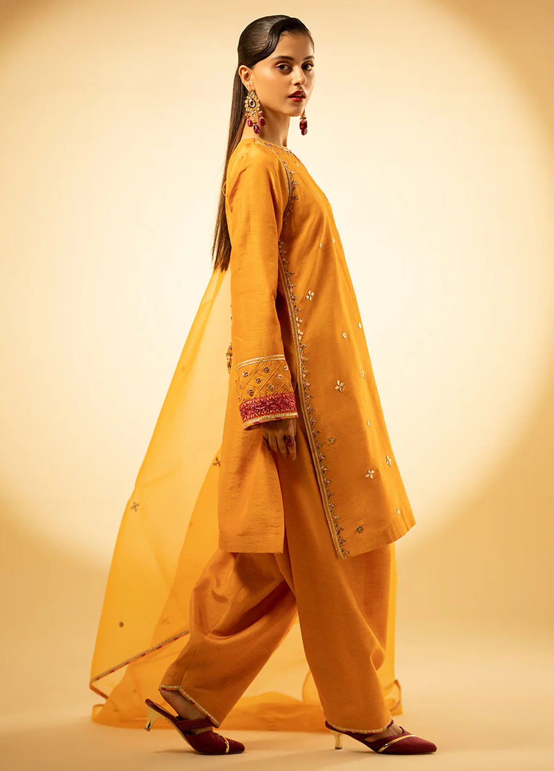 Fozia Khalid Pret Embroidered Raw Silk 3 Piece Suit Luxe Amber