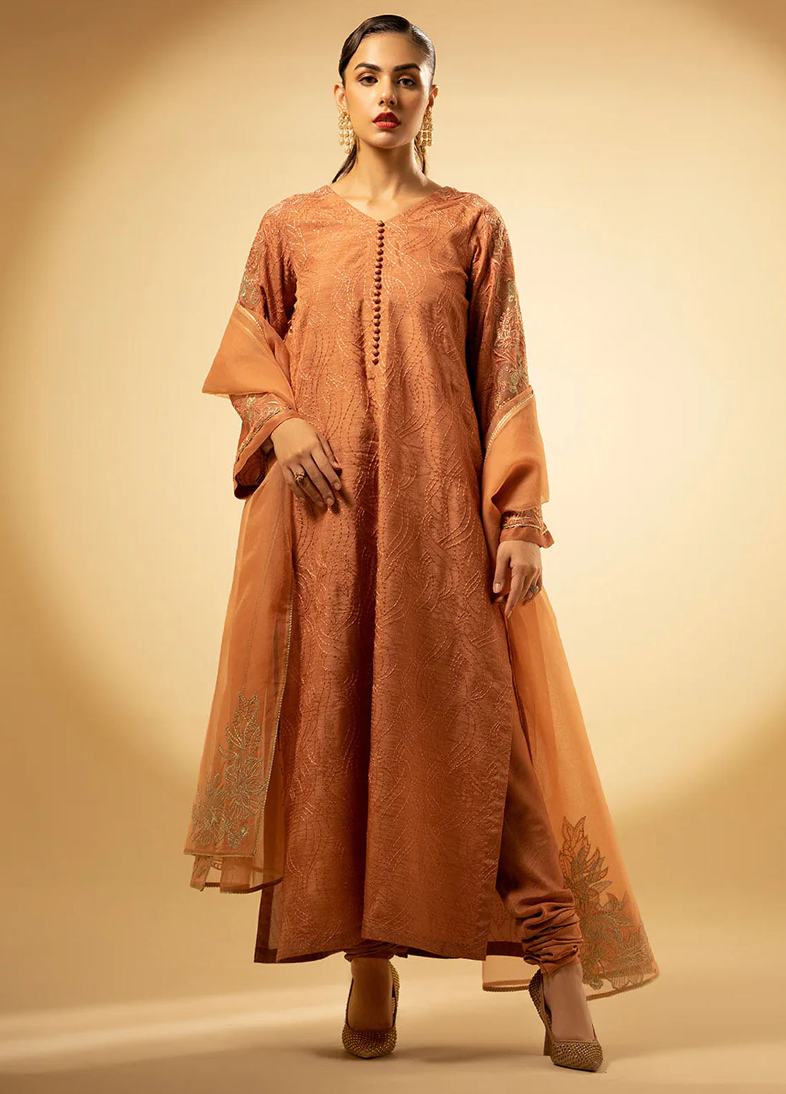 Fozia Khalid Pret Embroidered Raw Silk 3 Piece Suit Peach Hues