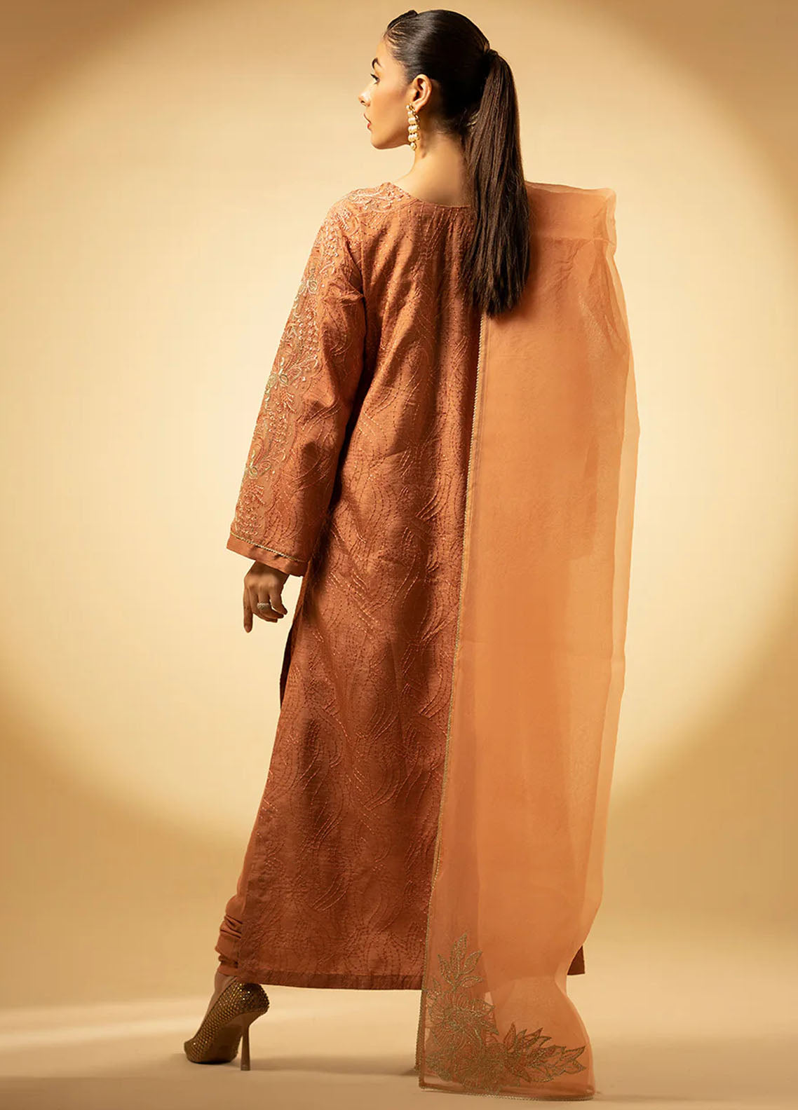 Fozia Khalid Pret Embroidered Raw Silk 3 Piece Suit Peach Hues