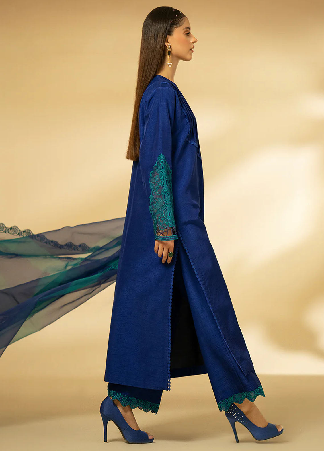 Fozia Khalid Pret Embroidered Raw Silk 3 Piece Suit Sapphire Elegance
