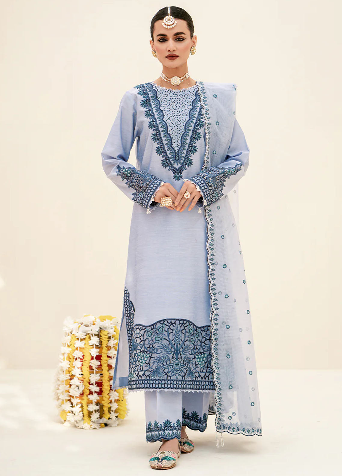 Fozia Khalid Pret Embroidered Silk 3 Piece Suit Heather Blue