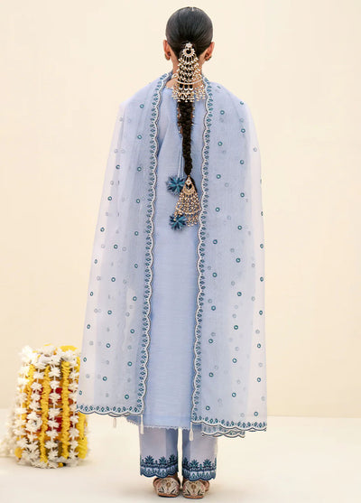 Fozia Khalid Pret Embroidered Silk 3 Piece Suit Heather Blue