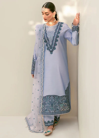 Fozia Khalid Pret Embroidered Silk 3 Piece Suit Heather Blue