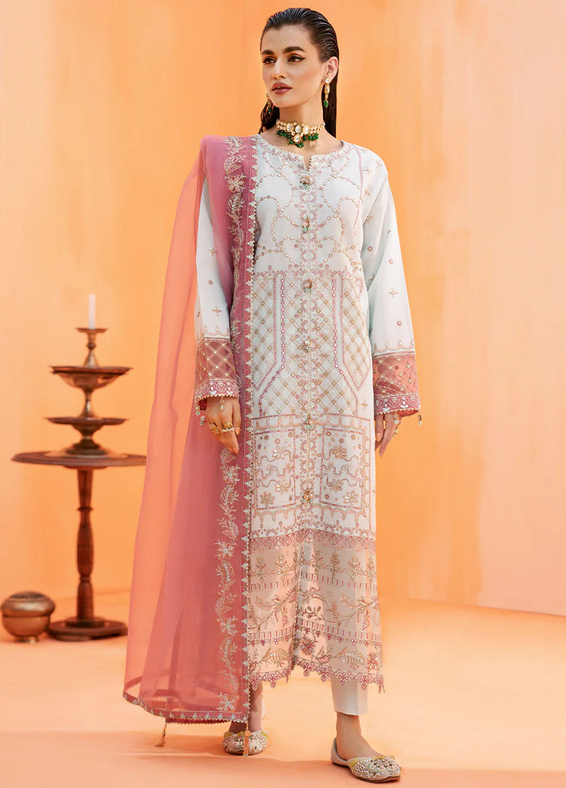 Fozia Khalid Pret Embroidered Silk 3 Piece Suit Moonlight Jade