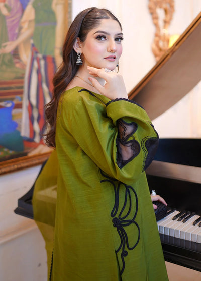 Fozia Khalid Pret Embroidered Silk 3 Piece Suit Olive