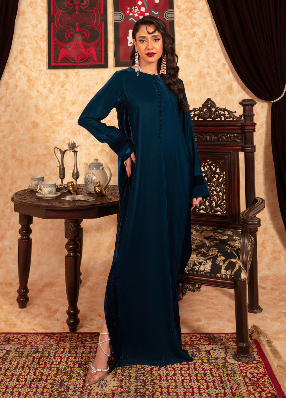 Fozia Khalid Pret Embroidered Velvet Long Dress Ariana