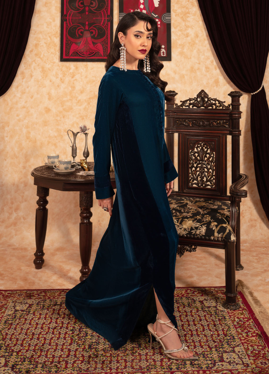 Fozia Khalid Pret Embroidered Velvet Long Dress Ariana