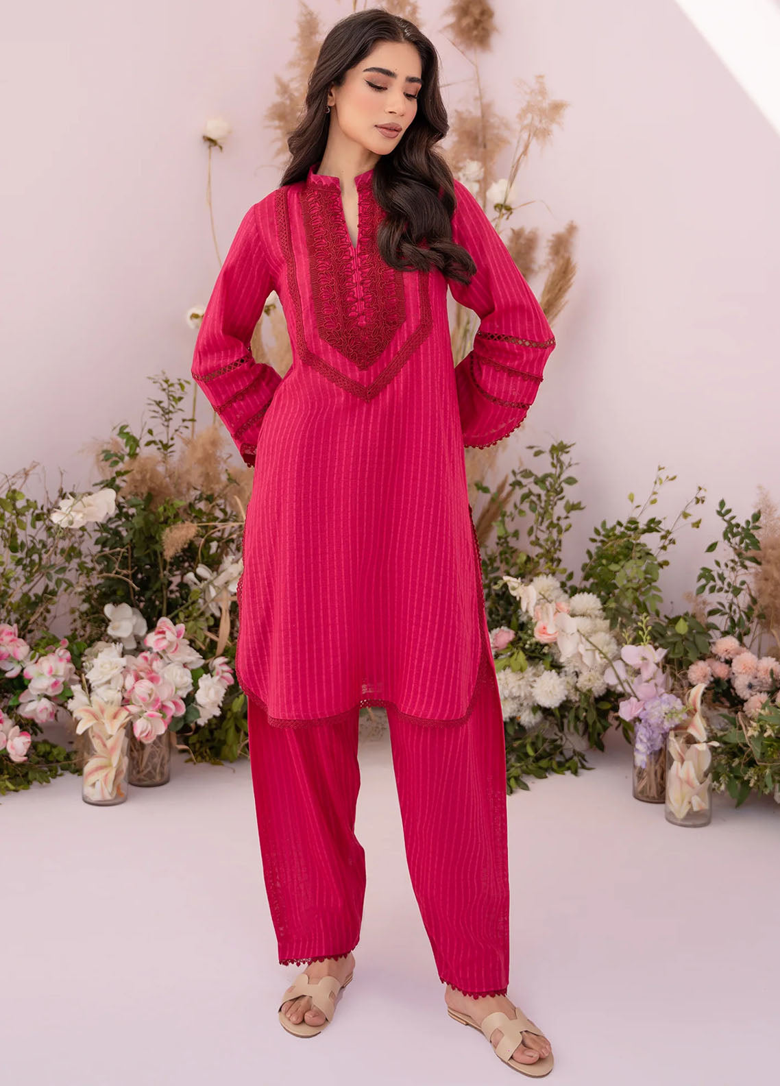 Hana Pret Embroidered Cotton 2 Piece Suit Rouge