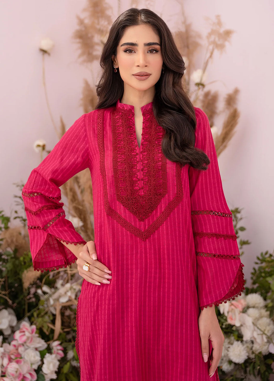 Hana Pret Embroidered Cotton 2 Piece Suit Rouge