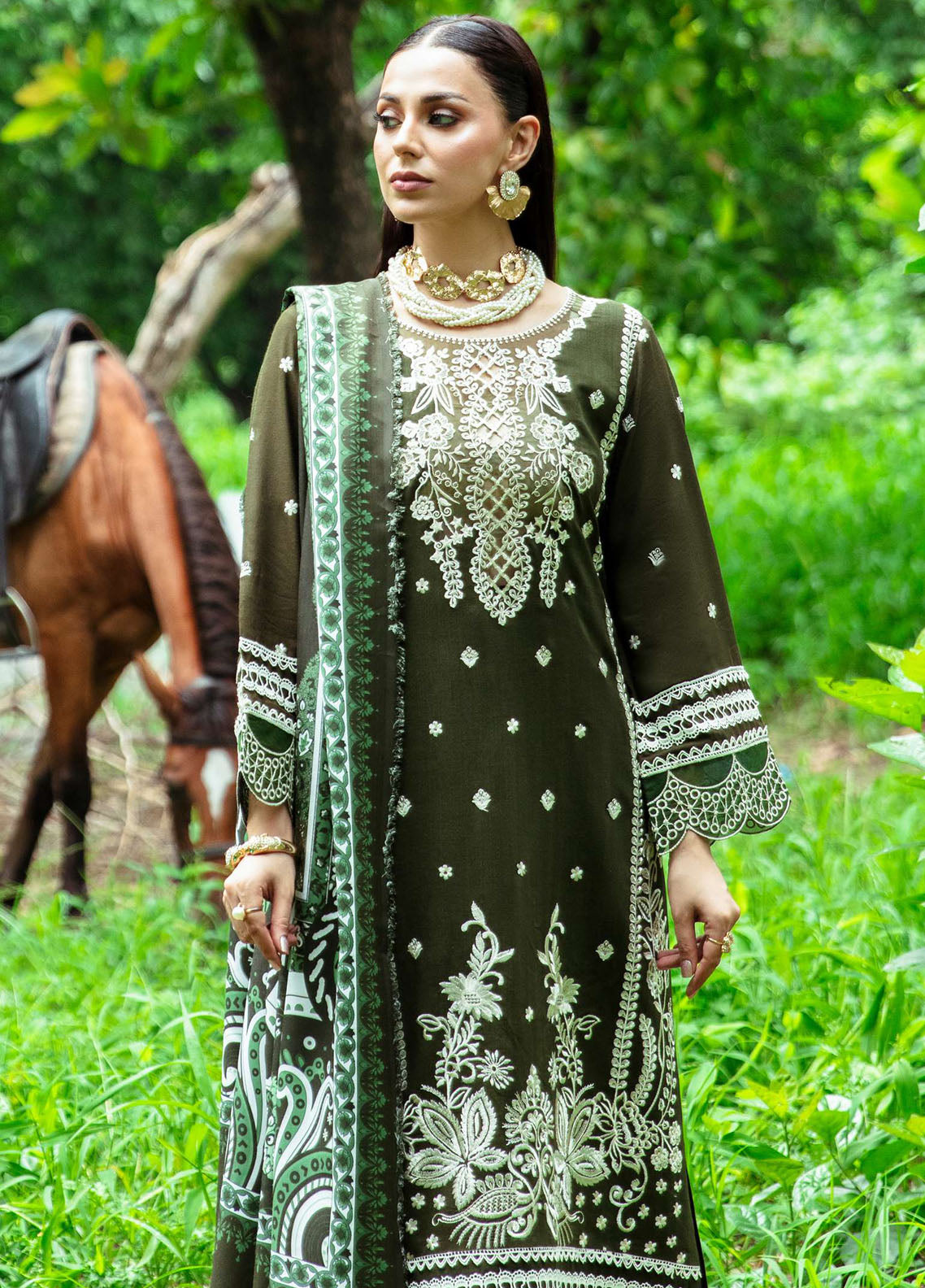 Hazel By Mahnur Embroidered Slub Linen Suit Unstitched 3 Piece MN24H RL-09 Sage - Winter Collection