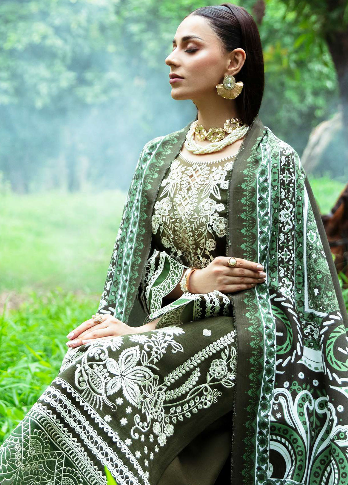 Hazel By Mahnur Embroidered Slub Linen Suit Unstitched 3 Piece MN24H RL-09 Sage - Winter Collection