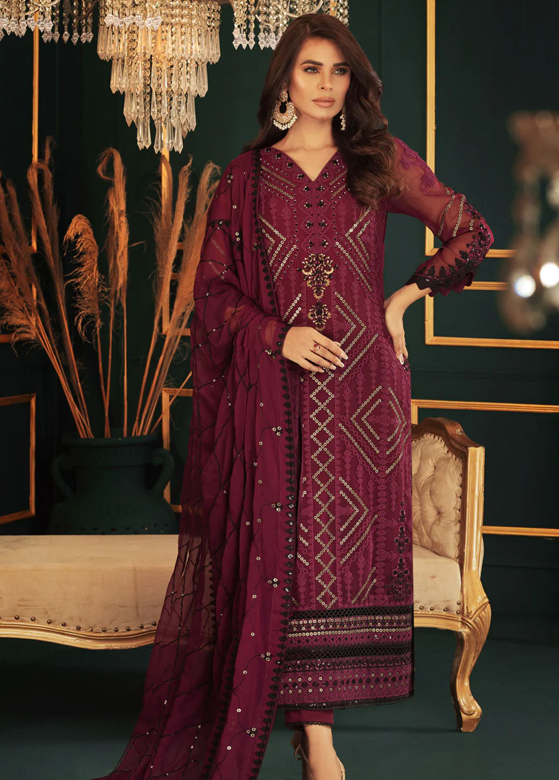 Shamooz Pret Embroidered Chiffon 3 Piece Suit SEM-0546 Purple hue