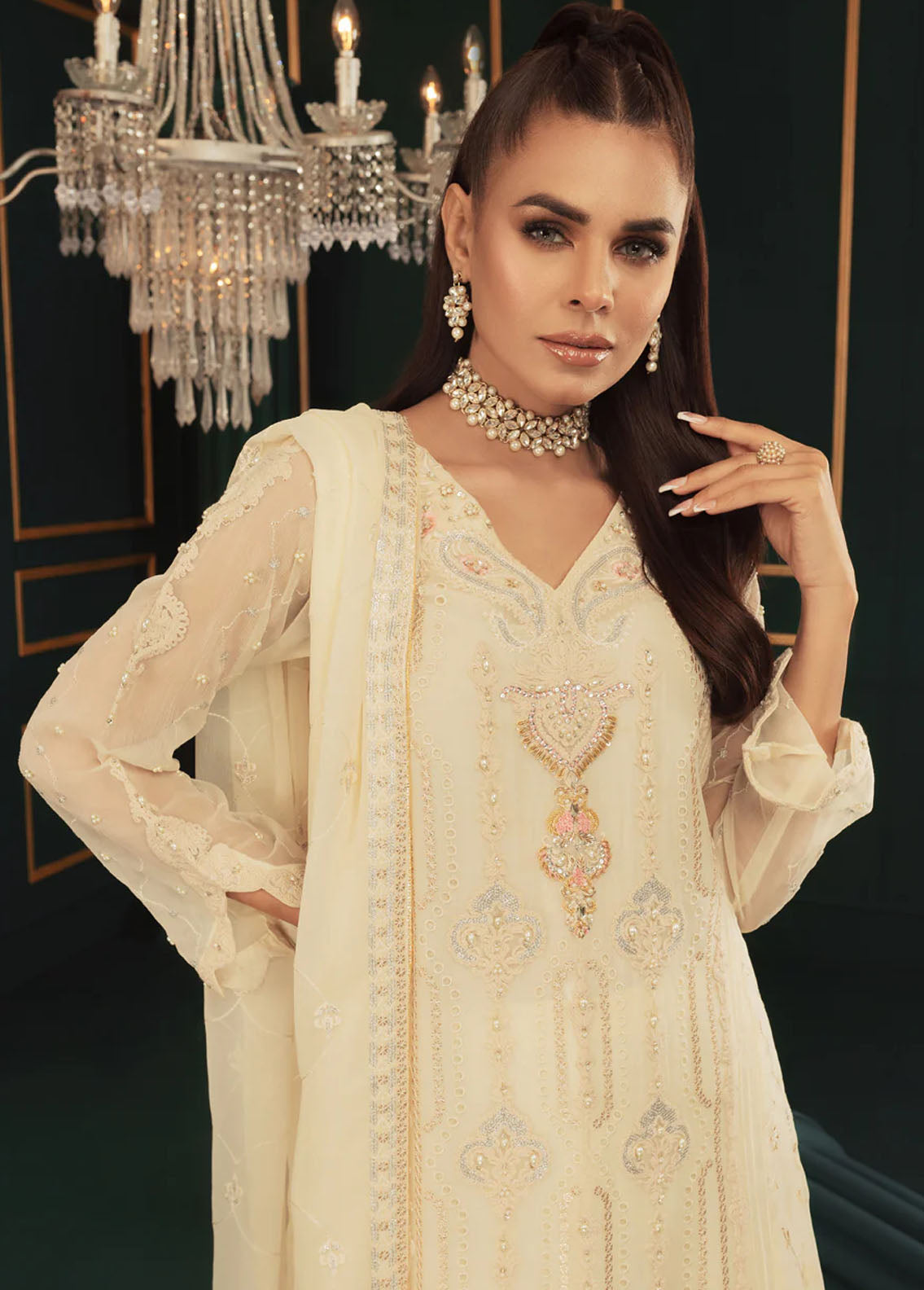 Shamooz Pret Embroidered Chiffon 3 Piece Suit SEM-0547 Ivory