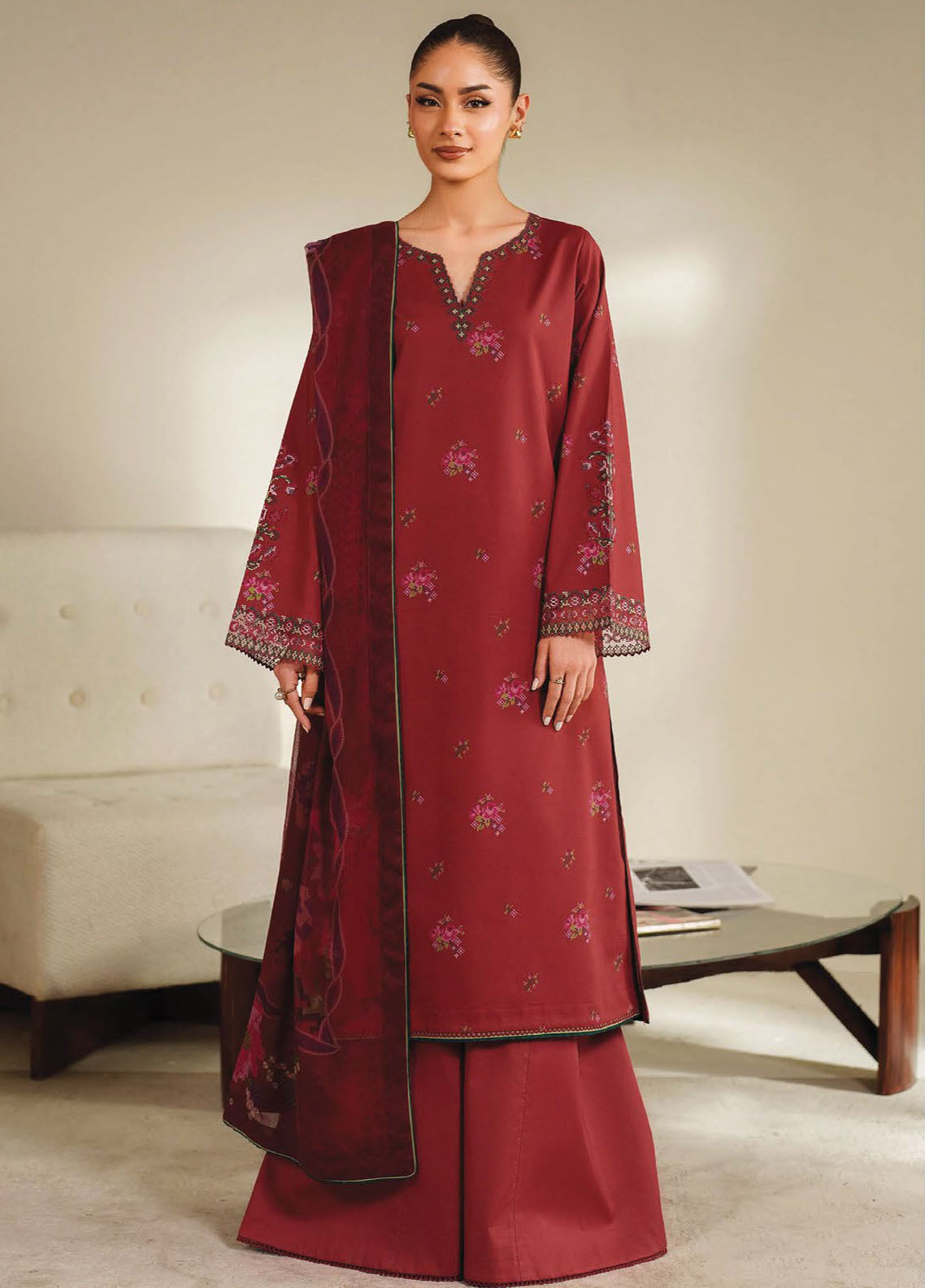 Ilara by Seran Embroidered Cambric Suits Unstitched 3 Piece SN25IC D-02 Sorrel
