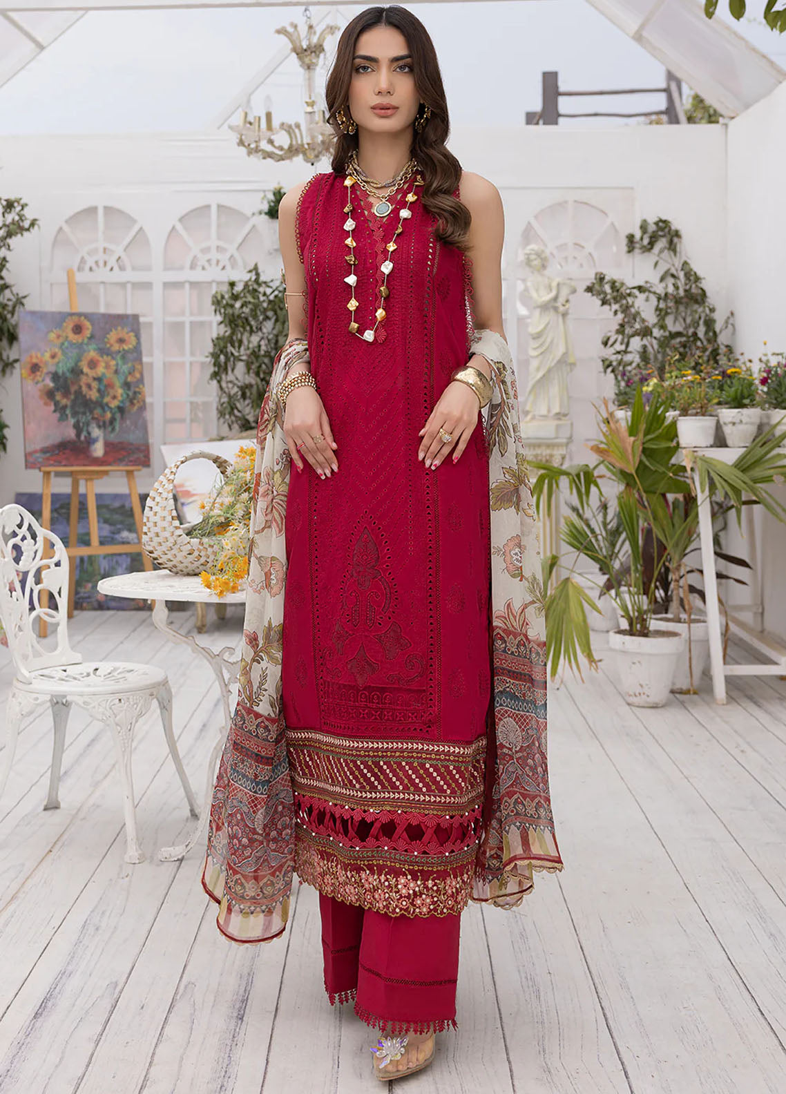 Izel Pret Embroidered Lawn 3 Piece Suit Crimson