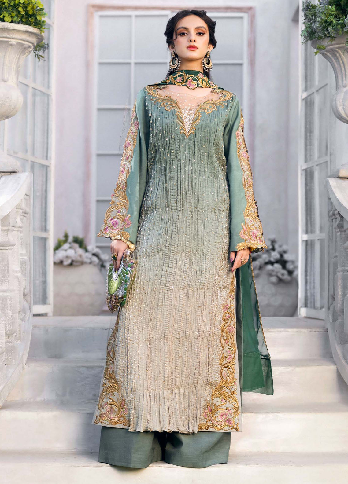 Jamnii Pret Embroidered Chiffon 3 Piece Suit Sage