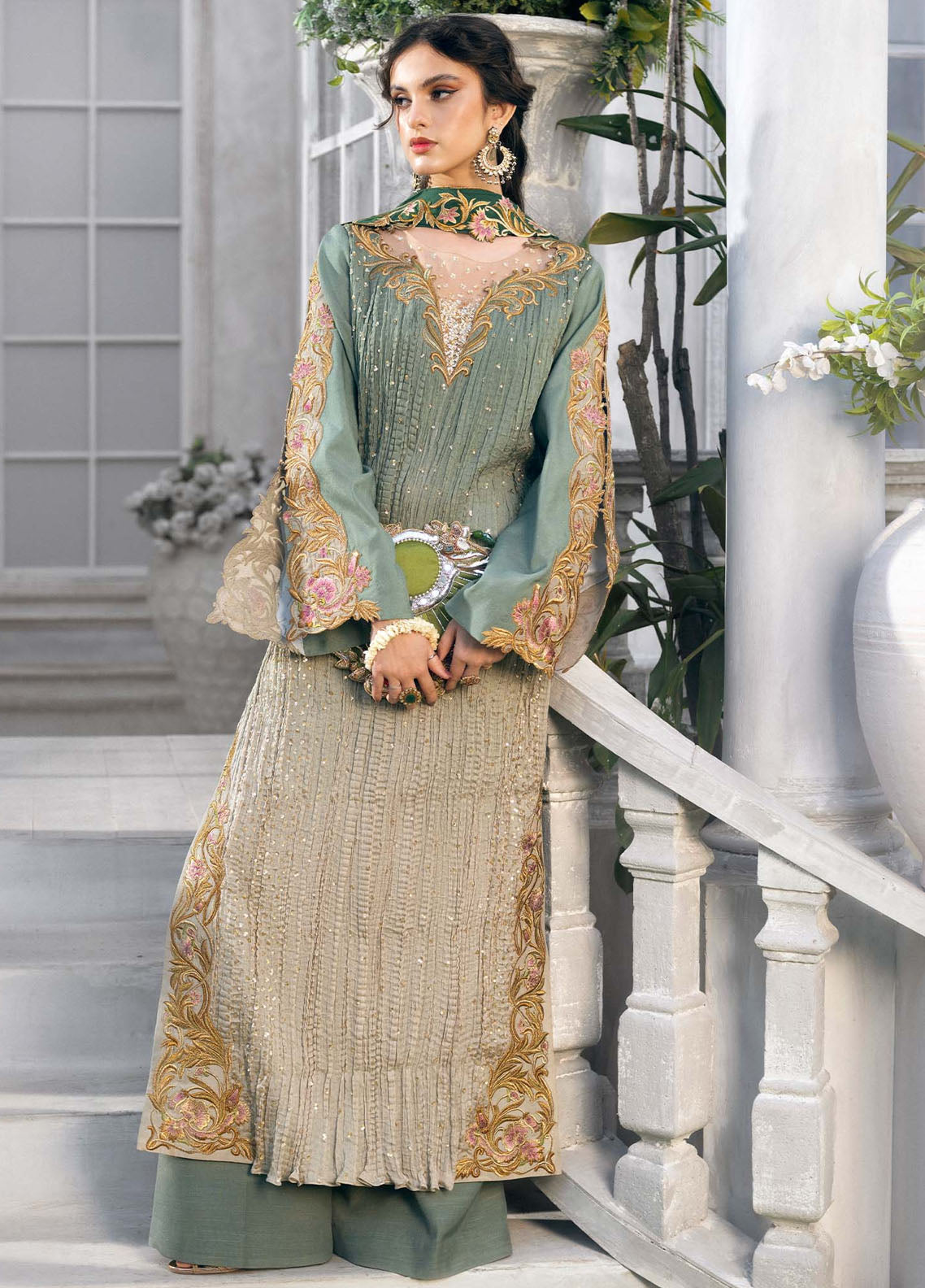 Jamnii Pret Embroidered Chiffon 3 Piece Suit Sage