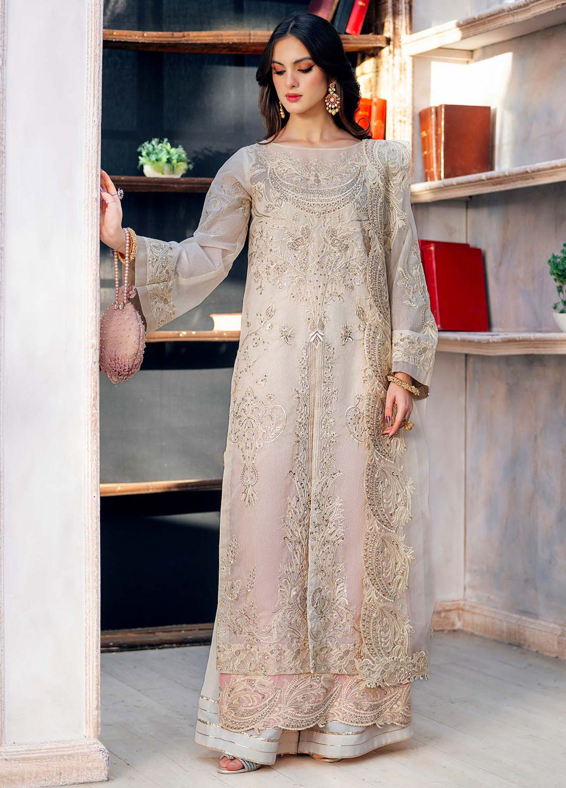 Jamnii Pret Embroidered Khaadi Net 3 Piece Suit Carnation Viel