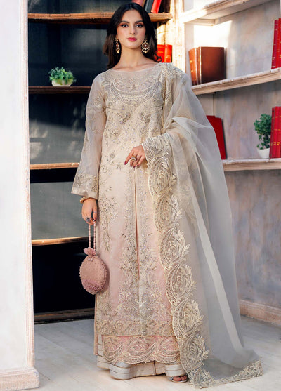 Jamnii Pret Embroidered Khaadi Net 3 Piece Suit Carnation Viel