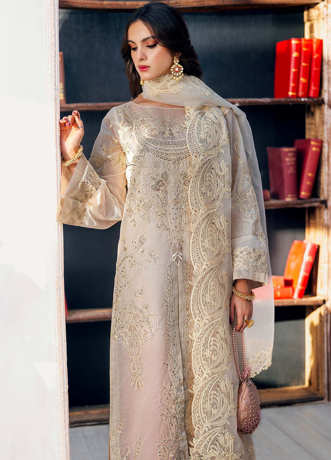 Jamnii Pret Embroidered Khaadi Net 3 Piece Suit Carnation Viel