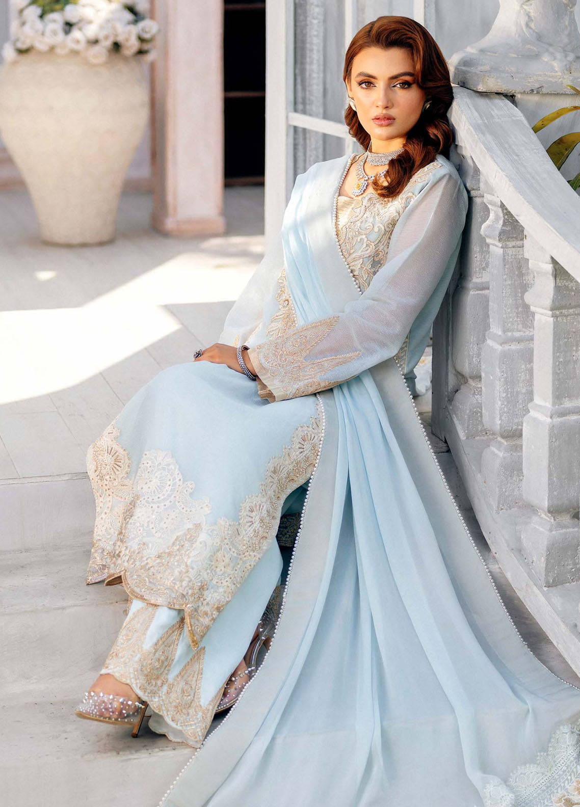 Jamnii Pret Embroidered Khaadi Net 3 Piece Suit Iris