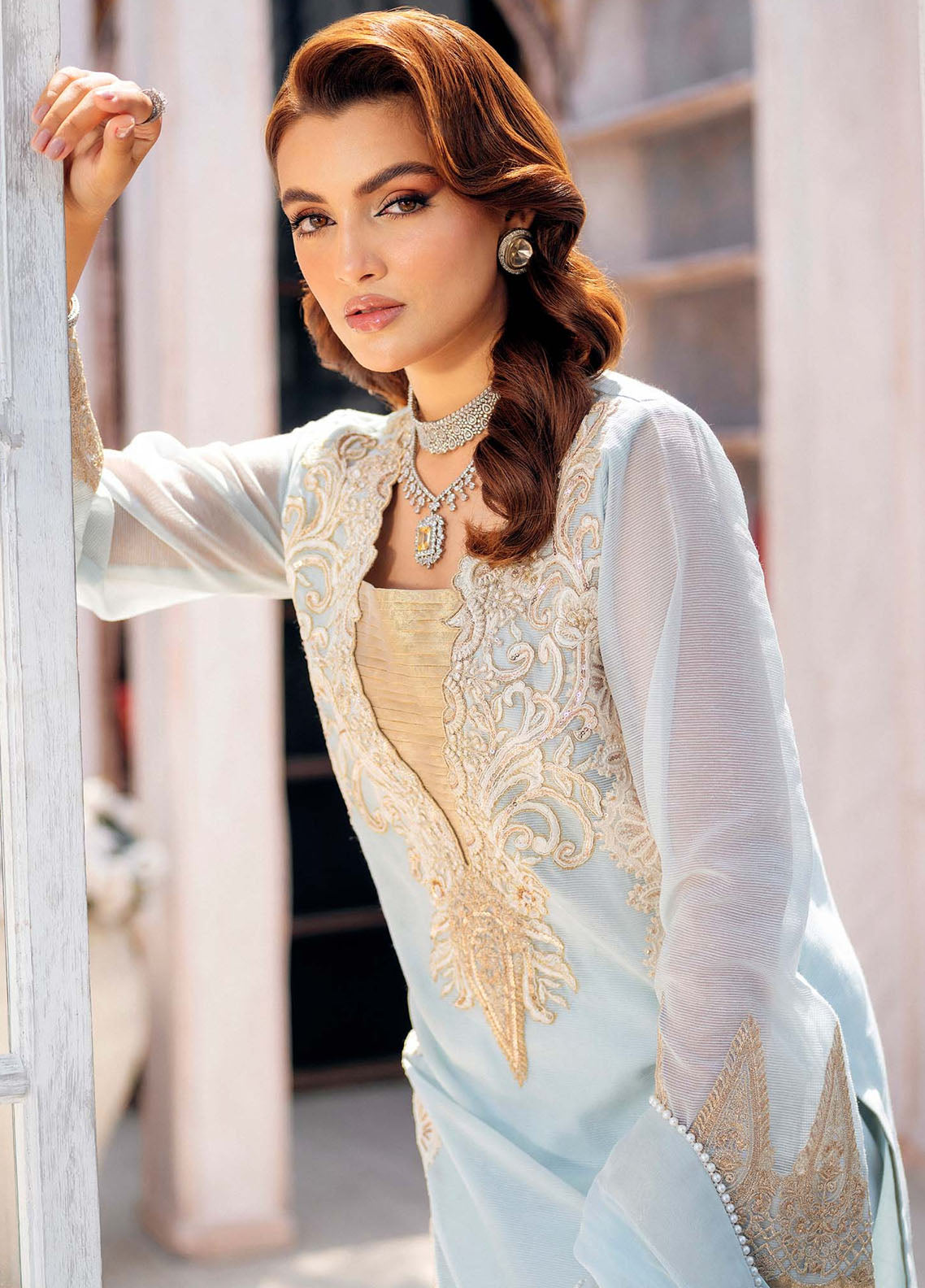 Jamnii Pret Embroidered Khaadi Net 3 Piece Suit Iris