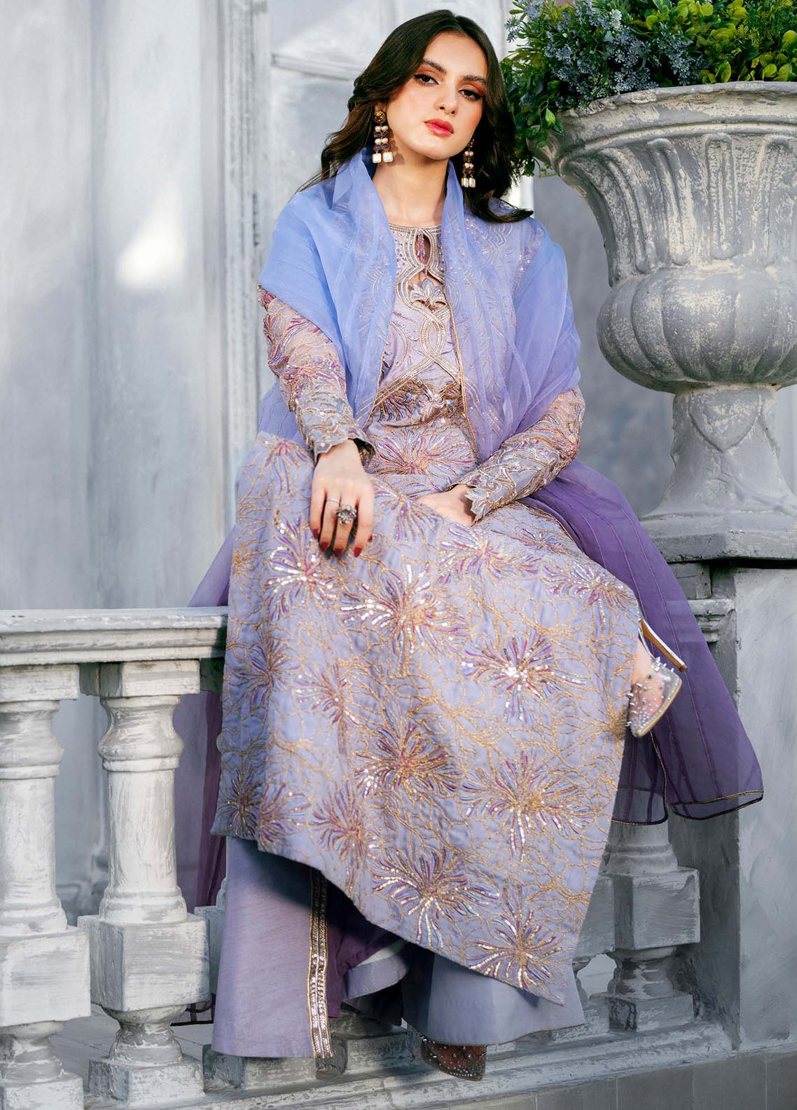 Jamnii Pret Embroidered Raw Silk 3 Piece Suit Lavender Haze