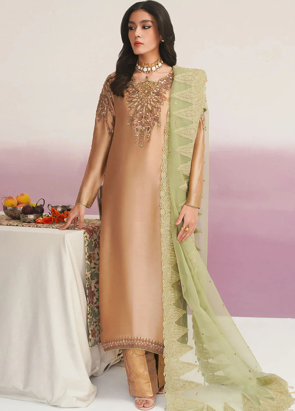 Jamnii Pret Embroidered Tissue Silk 3 Piece Suit Qadeem