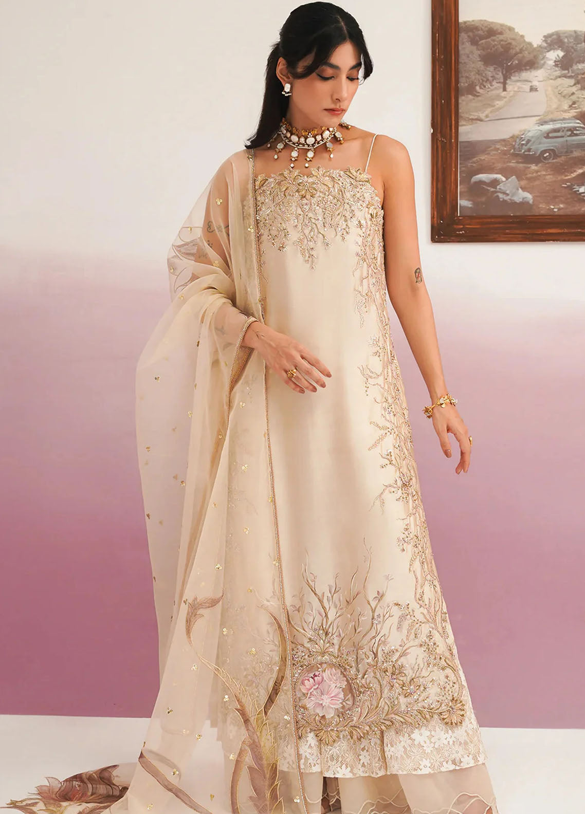 Jamnii Pret Embroidered Tissue Silk 3 Piece Suit Sajveen