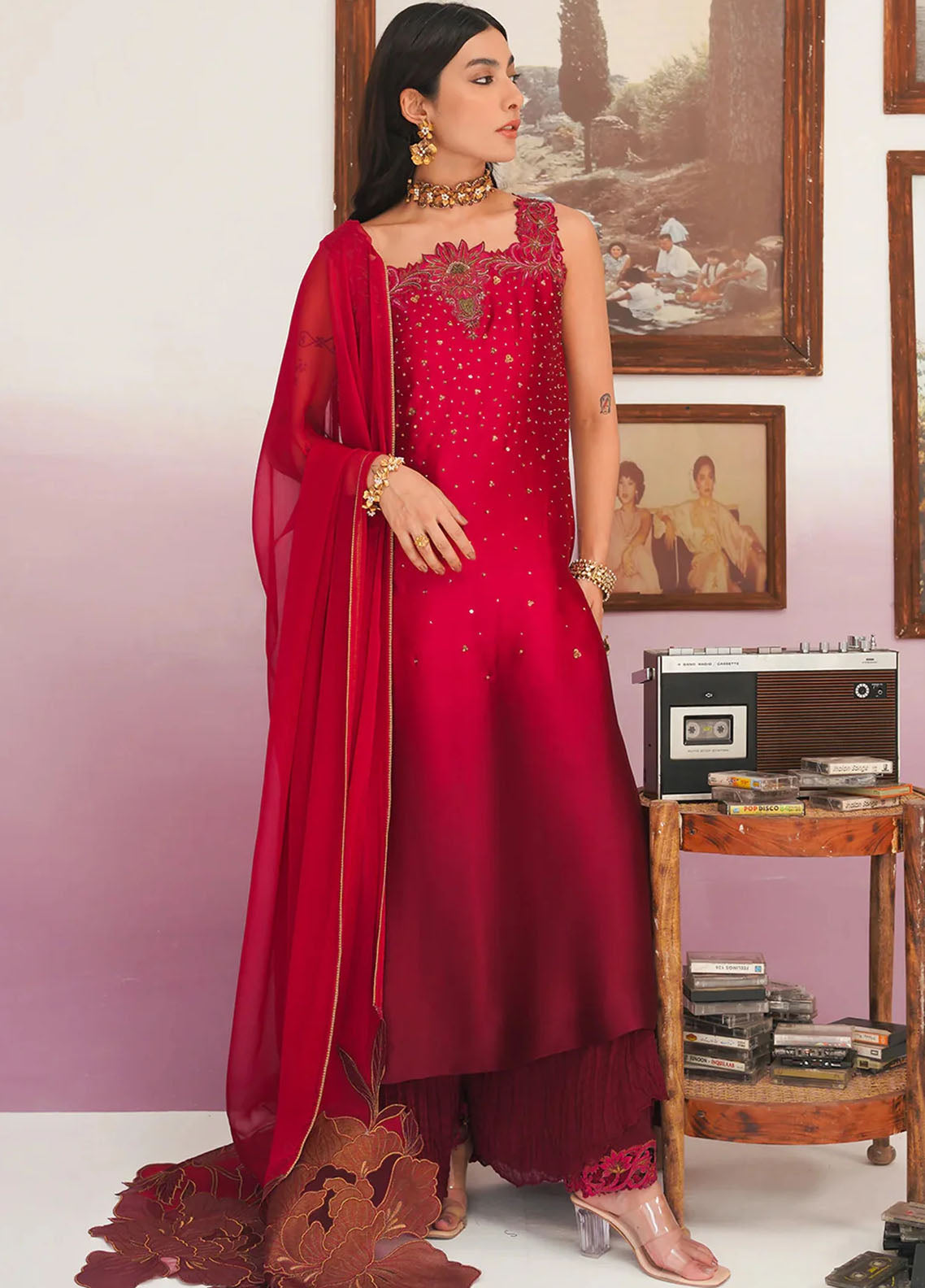 Jamnii Pret Embroidered Tissue Silk 3 Piece Suit Shamah E Mehfil