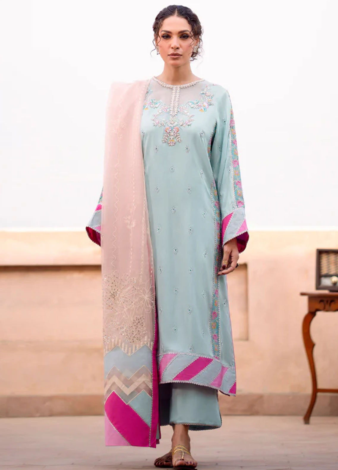 Kahani By Fozia Khalid Pret Embroidered Raw Silk 3 Piece Suit Amber